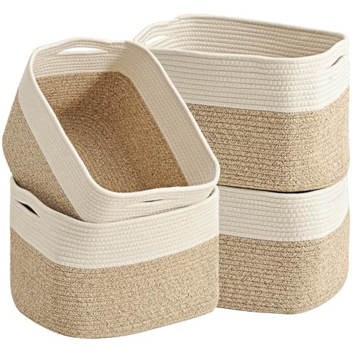 ICERZCZ Woven Cotton Rope Storage Baskets for Organizing & Shelves, Organization Bins for Dog Toys, Clothes, Books, Nursery Organizer, 15"x11"x9", Off White & Mixed Brown (4 Packs) - color: Off White & Mixed Brown