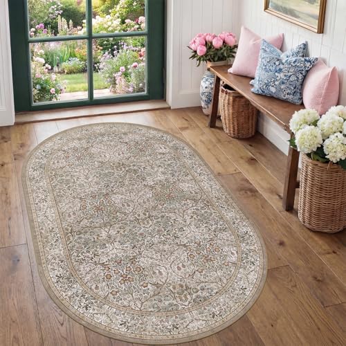 3x5 Vintage Moss Green Entryway Oval Rug, Washable Nature Rug for Kitchen, Bathroom, Bedroom, Boho Oriental Low Pile Stain Resistant Non-Slip Small Throw Rug (3x5 Moss & Brown) - color: Moss, size: 3' x 5' (Oval)