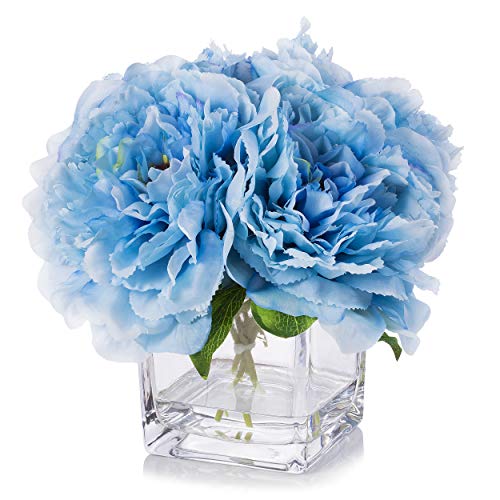 Silk Peony Flowers Arrangements in Cube Glass Vase with Faux Water for Home Table Wedding Centerpiece Decoration (Blue) - color: Blue