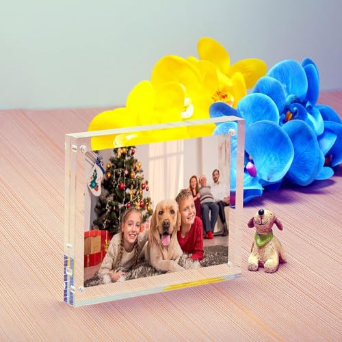 NIUBEE 5x5 Picture Frames, Clear Acrylic Photo Frame with Gift Box Package, 20% Thicker Blocks Magnetic Desktop Card Display - size: 5x5"(1 Pack)