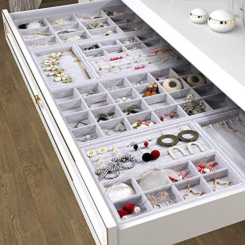 Grey Velvet Stackable 30 Compartments Jewelry Tray Box Showcase Display | Organizer Holder Rectangle Storage Case Containers Chest for Women Crystal Stone Stud Drop Earring Watch Bead Trinket Diamond - color: Grey 30 Grid