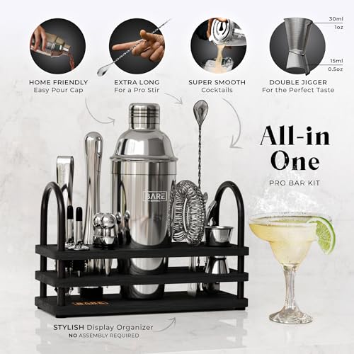 BARE BARREL® Mixology Bartender Kit Bar Set | 14-Piece Cocktail Shaker Set | Martini Barware Mixing Tools for Home Bartending | 35 Recipe Cards | Gift Set (24oz Cobbler Shaker, Silver/Black) - color: Silver/Black