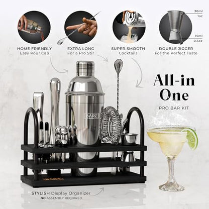 BARE BARREL® Mixology Bartender Kit Bar Set | 14-Piece Cocktail Shaker Set | Martini Barware Mixing Tools for Home Bartending | 35 Recipe Cards | Gift Set (24oz Cobbler Shaker, Silver/Black) - color: Silver/Black