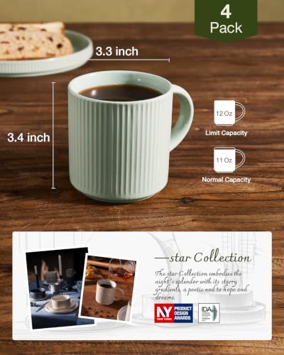 famiware Coffee Mug Set of 4, Star 12 oz Ceramic Mugs Cups Set with Handle | Stoneware Stackable Catering Cup for Coffee, Tea, Cappuccino, Latte, Microwave & Dishwasher Safe, Green - color: Star-Green, size: 4 Count (Pack of 1)