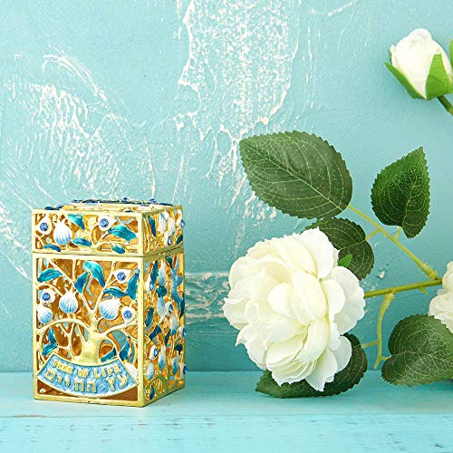Matashi Hand-Painted Enamel Tzedakah Charity Box Keepsake Treasure Box | Embellished with Crystals and a Tree of Life Motif Design with Gold Accents, Judaica Home Decor Piggy Bank Gift for Holiday