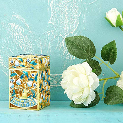 Matashi Hand-Painted Enamel Tzedakah Charity Box Keepsake Treasure Box | Embellished with Crystals and a Tree of Life Motif Design with Gold Accents, Judaica Home Decor Piggy Bank Gift for Holiday
