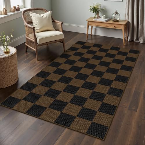 Easy Jute Checkered Area Rug, 3x5 Indoor Outdoor Entryway Rug Washable Coffee Checkerboard Kitchen Rugs, Non-Slip Modern Farmhouse Throw Carpet for Living Room Patio Kids Room - color: Coffee Checkered, size: 3' x 5' (Rectangular)