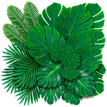 Artificial Palm Leaves 60-108 Pack - 6 Kinds Large Small Green Fake Palm Leaf with Stems for Safari Jungle Hawaiian Luau Party Table Decoration Wedding Birthday - style: 60 Pack
