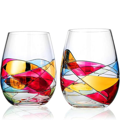 Artisanal Hand Painted Stemless Wine Glasses - Everyday Celebrations, Gift Idea for Wife, Mom, Valentine, Holiday Renaissance Romantic Stain-glassed Windows, 2 Set - Gift Idea Birthday, Housewarming - style: Stemless Glasses Set