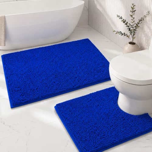 Bathroom Rugs Sets 2 Piece,Super Absorbent Soft,Thick,Machine Washable Chenille Bath Mat,Non Slip Toilet Floor Rug,Bath Mats for Bathroom,20x32 Plus 20x20 U Shape,Royal Blue - color: Royal Blue, size: 1'8" x 2'8" (20x32''+20x20''U shape)