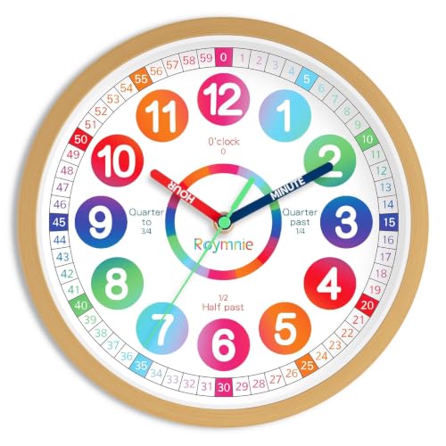 Roymnie Wall Clock 10" for Kids Learning Teaching Silent Battery Operated | Learning to Tell Time Easily Non Ticking Analog Colorful Teaching Time Clock Decorative for Kids Room Classroom School Modern - color: A_wood Color, size: 10 Inch