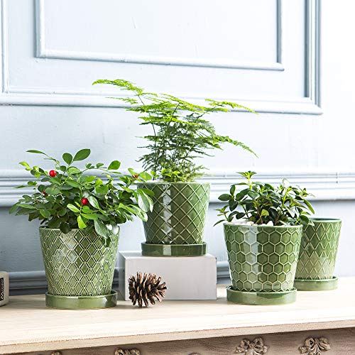 EFISPSS Flower Planter –5 inch Ceramic Plant Pots with Drainage Hole and Ceramic Tray - Gardening Home Desktop Office Windowsill Decoration Gift Set of 4 - Plants NOT Included - color: Patina
