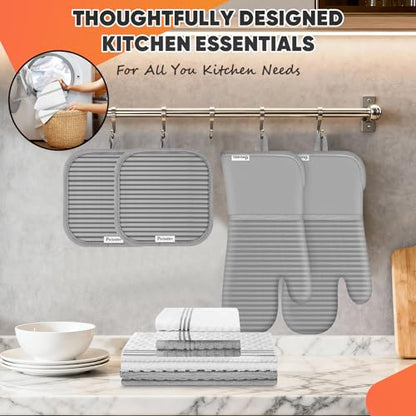 Oven Mitts Kitchen Towels and Dishcloths with Pot Holders Sets, Oven Gloves Hot Pads 500°F Heat Resistant with Silicone Grip, Include 2 Cooking Gloves/2 Potholders/4 Kitchen Towels/4 Dish Towels-Gray - color: Gray