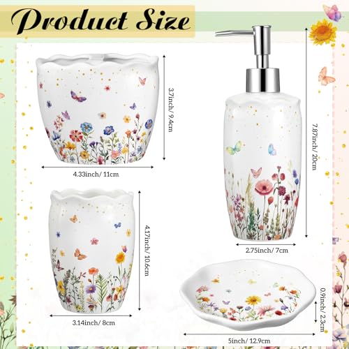 Ceramic Bathroom Accessories Set of 4, Wildflower Meadow Floral Decor with Butterflies & Gold Speckles, Soap Dispenser Pump, Toothbrush Holder, Tumbler Cup & Soap Dish for Countertop Vanity - style: Wildflower