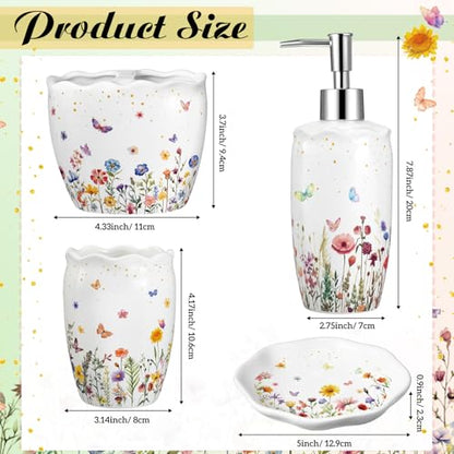 Ceramic Bathroom Accessories Set of 4, Wildflower Meadow Floral Decor with Butterflies & Gold Speckles, Soap Dispenser Pump, Toothbrush Holder, Tumbler Cup & Soap Dish for Countertop Vanity - style: Wildflower