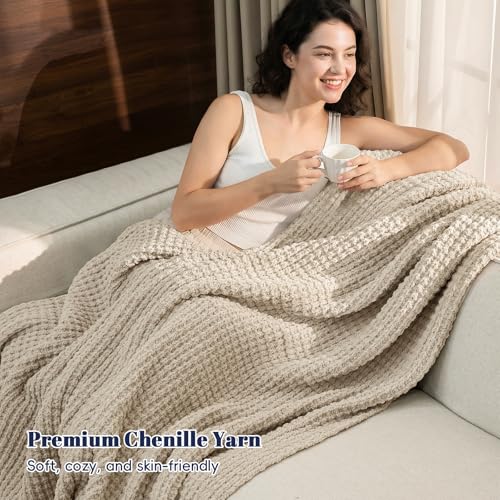 PHF Chenille Waffle Knit Throw Blanket- Plush Warm & Cozy 50" x 60" Ultra Soft Blanket- Chunky Fluffy Waffle Throws for Couch Bed Sofa - Natural - color: Natural, size: Throw(50"X60")
