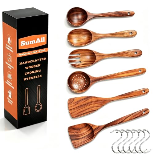 6 PCs Teak Wooden Utensil Set with Hooks, Wooden Spoons for Cooking, Wood Cooking Utensils Set, Comfort Grip, Non Stick Cookware, Easy to Clean, Kitchen Stuff, Wood Spatula