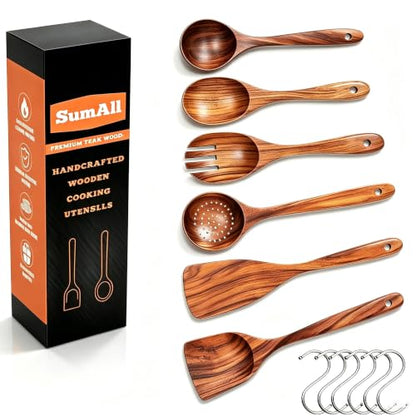 6 PCs Teak Wooden Utensil Set with Hooks, Wooden Spoons for Cooking, Wood Cooking Utensils Set, Comfort Grip, Non Stick Cookware, Easy to Clean, Kitchen Stuff, Wood Spatula