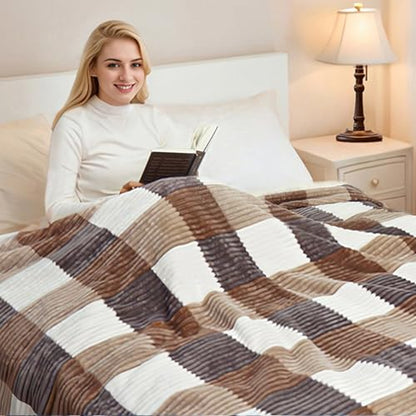 PU MEI Sherpa Blanket Full/Queen Plaid Thick Bed Blanket, 90”*80” Super Soft Flannel Fuzzy Fleece Reversible Velvet Plush Warm Blanket for Couch(Beige Check, 80"*90") - color: Beige Check, size: 80"*90"
