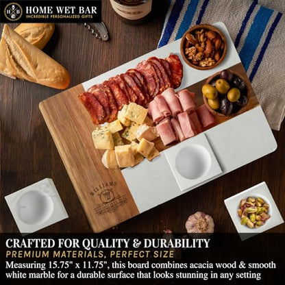HomeWetBar Personalized Charcuterie Board Gift Set | Custom 15.75" x 11.75" White Marble & Acacia Wood Cheese Board with Serving Bowls | Perfect Housewarming + Wedding + Couples Gift Idea - style: Winslow White Marble Board + Serving Bowls