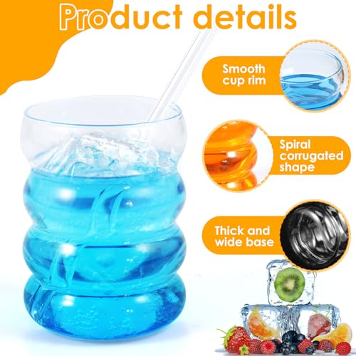 Ribbed Drinking Glass Cups with Glass Straws Set of 4, 10 oz Aesthetic Iced Coffee Glasses, Bubble Glasses Drinking Tumbler, Ribbed Glassware, Beer Glasses for Coctail, Soda, Juice | Aesthetic Clear Glass Cups with Matching Glass Straws, for Iced Coffee,