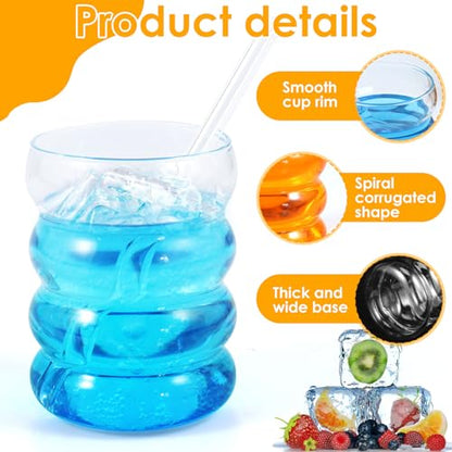Ribbed Drinking Glass Cups with Glass Straws Set of 4, 10 oz Aesthetic Iced Coffee Glasses, Bubble Glasses Drinking Tumbler, Ribbed Glassware, Beer Glasses for Coctail, Soda, Juice | Aesthetic Clear Glass Cups with Matching Glass Straws, for Iced Coffee,