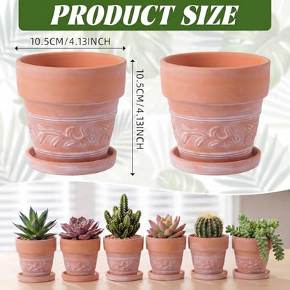 Set of 6 Embossed Succulent Pots 4" Small Terracotta Pots with Drainage Hole and Saucer Rustic Clay Succulent Planter Pot Decorative Ceramic Cactu Flower Pot for Indoor Outdoor(Leaf Style) - size: 4 Inch, style: Leaf Style