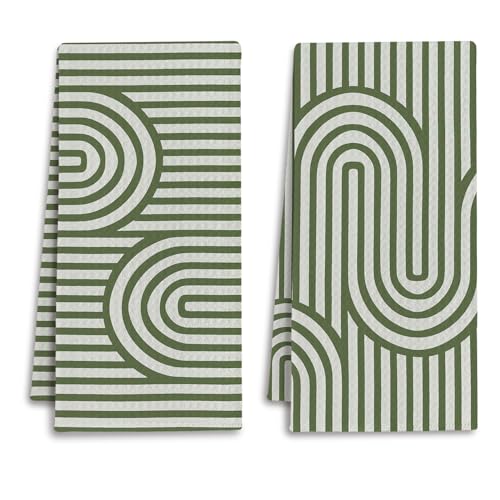 Sage Green Boho Abstract Kitchen Towels, Contemporary Minimalist Dish Tea Towels for Kitchen Decor, Mid Century Modern Decorative Hand Towel for Bathroom, 16x24 Inches Set of 2 - color: Sage Green
