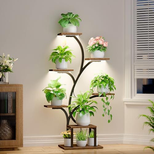 BACEKOLL Plant Stand Indoor with Grow Light, 7 Tier 49" Lighted Plant Shelf | Tree-Shaped Tall Holder with Full Spectrum Light for Indoor Growing, Sturdy Metal Rack for Home Corner, Space-Saving, Brown