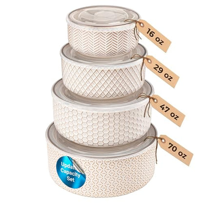 KooK Serving Bowls, with Lids, Ceramic Nesting Bowls, Set of 4, Embossed, Kitchen, Prep, Stackable, Gift, Microwave and Dishwasher Safe, 16/29/47/70 oz, Narbonne Collection (Ivory) - size: 70 Oz