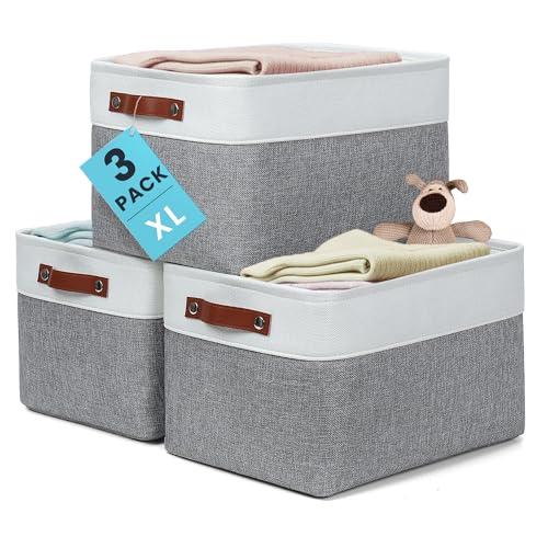 OrganiHaus 16x12.5in Storage Baskets, 3 Pack - Fabric Bins for Shelves | Vegan leather handles; a decorative linen closet organizer, towel and clothes container - color: Gray / Off-White, size: Extra Large - 3pc