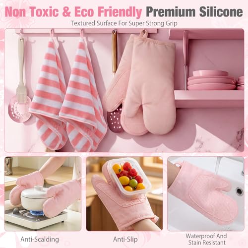 Zubebe Pink Oven Mitts and Pot Holders with Kitchen Towels Set of 7, Valentine's Day Gift for Women Heat Resistant Oven Gloves Kitchen Hand Towels Hot Pads for Cooking Baking(Heart) - style: Heart