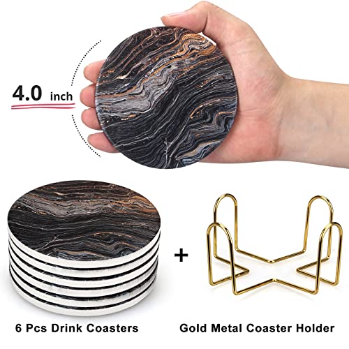 6 Pcs Black Ceramic Stone Modern Coasters with Holder Best Absorbent Drink Coasters Round Ceramic Table Coasters Set Best Coffee Table Ceramic Coaster Set - color: Black Marble