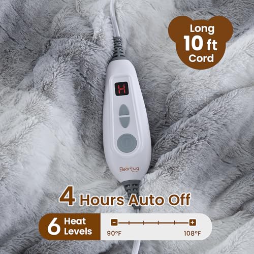 Bearhug Heated Blanket 6 Heat Settings Electric Blanket, 4-Hour Auto Shut-Off, Luxurious Faux Fur & Sherpa Dual-Sided Heated Throw, Machine Washable, 50 x 60 Inches, Gift-Ready Elegant Packaging - color: Silver Shade Gradient Stripe, size: Throw 50" x 60"