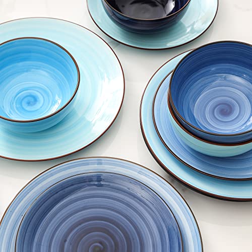 Selamica Ceramic Dinnerware Sets, 12 Pieces Plates and Bowls Sets, Scratch Resistant Dishes Set for 4, Handpainted Swirl Dishware Sets with Spray Black Dots, Dishwasher&Microwave Safe, Gradient Blue - color: Gradient Blue, size: 12 Pieces
