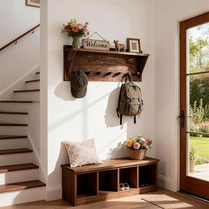 WEBI Coat Rack Wall Mount with Shelf,30" Long Entryway Wall Shelf with Hooks Underneath,7 Peg Hooks for Hanging Coats,Caps,Jacket,Clothes,Brown - color: Brown, size: 30 Inch