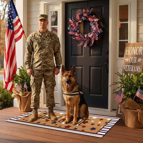 Tinideya 2 Pcs Long 4th of July Layered Outdoor Doormat Set, 250th Anniversary Patriotic Star Coir Welcome Mat with Red White Blue Stripe Rug for Independence Day Front Porch Entryway Home Decor - style: Star