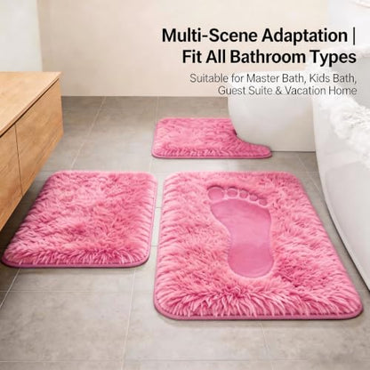Shaggy Bathroom Rugs Set Plush Velvet Bath Rugs Non-Slip Bath Mat Set 3 Piece,Washable Mats,Absorbent Shaggy Rugs Super Soft U-Shaped Toilet Rug,Bahroom Carpets for Bathroom,Tub,Shower(Light Pink - color: Light Pink