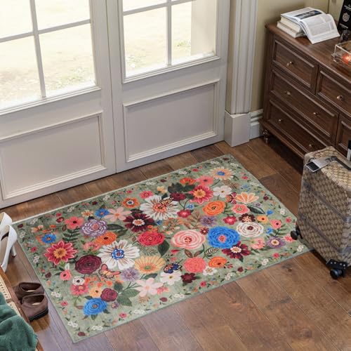 Green Floral Area Rug 2x3 for Entryway Bedroom Kitchen | Ultra-Thin;Boho Style;Low Pile;Non Slip;Stain Resistant;Soft;Machine Washable; Ideal for Bathroom,Entryway - color: Green, size: 2' x 3' (Rectangular)