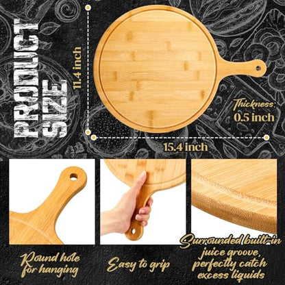 Nuenen 30 Pcs Round Wood Cutting Board with Handle Acacia Bamboo Wooden Serving Kitchen Chopping Boards for Pizza, Bread, Cheese, Charcuterie, Fruit, Vegetables (Bamboo)
