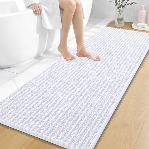 OLANLY Bathroom Runner Rugs 59x24, Thick Soft Absorbent Chenille Bath Rugs | White, Quick-Drying Rubber Backing, Long Shaggy Bath Mat, Machine Washable for Floor, Tub and Shower, Home Decor Accessories - color: White, size: 59" x 24"