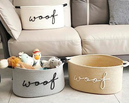 Woof Woven Rope Storage Baskets, Pet Dog Toy Bin Box Perfect for organizing Chew Toys Blankets leashes, Dog Toy holder Cotton Basket Puppy Bins - color: beige