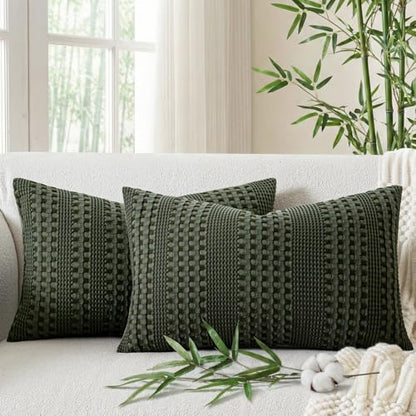a moment 2 Pack Bamboo Fiber Pillow Covers - Waffle Weave, Ultra Soft & Breathable, Skin-Friendly Cotton Throw Pillow for Couch, Sofa, Bedroom Living Room 12x20 Inch Olive Green - color: Olive Green, size: 20" x 12" (Pack of 2)