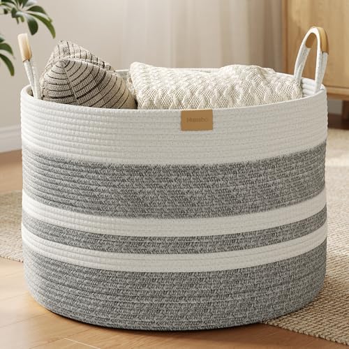 Nunsino 72L Woven Blanket Basket with Leather Handles, Cotton Rope Laundry Basket Hamper,Decorative Nursery Basket Toy Storage Basket for Kids, Living Room, Bedroom,Gray White Stripes - color: Grey White, size: 72L