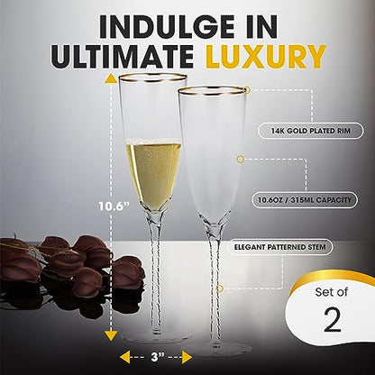 Premium Crystal Champagne Flutes - Set of 2 Elegant Glass Champagne Glasses with Twisted Stem & Gold Rim - 10.6 oz Flute Glasses for Weddings, Parties & Special Celebrations
