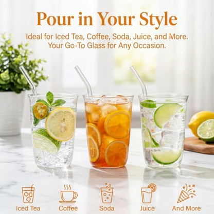 6 Pieces Drinking Glasses with Straw, 16 Oz Clear Water Glass Set | Lead-free Highball Glass Cup Kitchen Glassware for Juice, Beverage, Cocktail, Ice Tea, Coffee, Soda