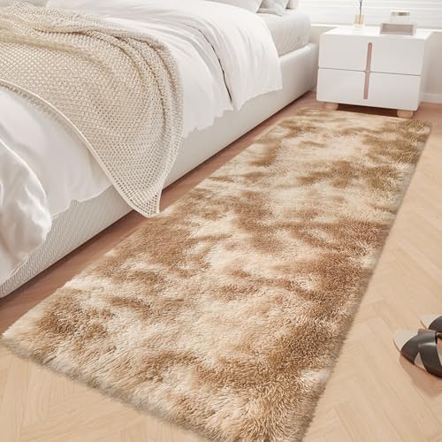 Super Soft Fluffy Living Room Area Rugs 2x6 ft Tie-Dyed Beige Shaggy Furry Carpet Washable Non-Slip Floor Rug Bedroom Bedside Nursery Rug Fuzzy Girls Boy Reduce Noise Dorm Home Decor - color: Tie-dyed Beige, size: 2' x 6' (Runner)