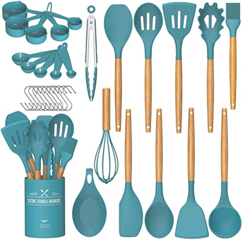 Umite Chef Kitchen Cooking Utensils Set, 33 pcs Non-stick Silicone Utensils Spatula Set with Holder, Silicone Kitchen Gadgets Utensil Set(Dark Blue) - color: Dark Blue