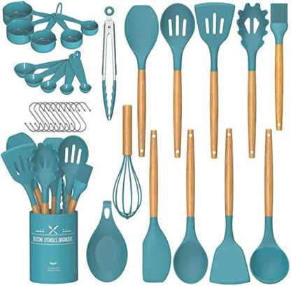 Umite Chef Kitchen Cooking Utensils Set, 33 pcs Non-stick Silicone Utensils Spatula Set with Holder, Silicone Kitchen Gadgets Utensil Set(Dark Blue) - color: Dark Blue
