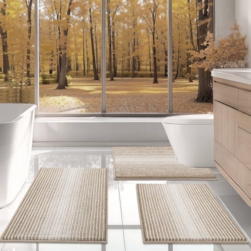 Bathroom Rugs Sets 3 Piece, Toilet Rugs U-Shaped Contour Bath Mat Set, Striped Absorbent Non Slip Chenille Shower Mat, Light Taupe - color: Taupe, size: 20"x32"+16"x24"+U Shape 20"x24"